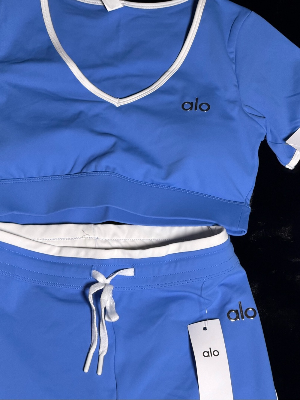 Alo Two-Piece Athletic Set in Periwinkle Blue with White Trim